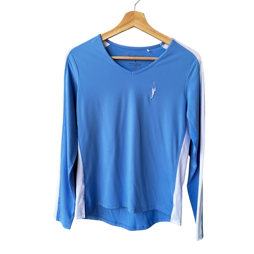 SanSoleil SolCool Blue White Long Sleeve Golf Top V-Neck UPF 50 Active Sz Small